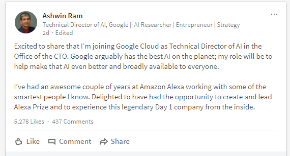 Ashwin Ram Amazons Head Of Alexa AI Jumps Ship To Google