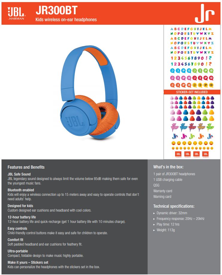 JBL JR 300 BT JBL Release Colourful Kids’ Speakers & Headphones