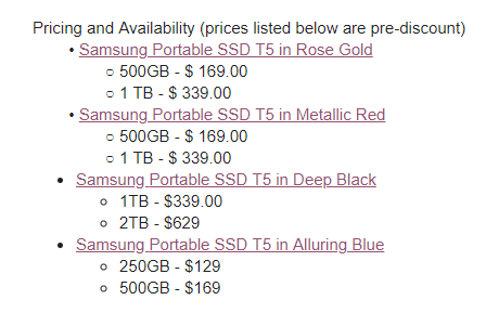 Samsung SSD Samsung Add New Colours To Portable SSD T5
