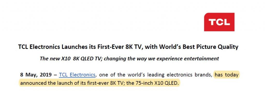 TCL Press Release TCL Jump Into 85″ 8K TV Market, But Don’t Ask For A Price & Good Luck Finding A Retailer
