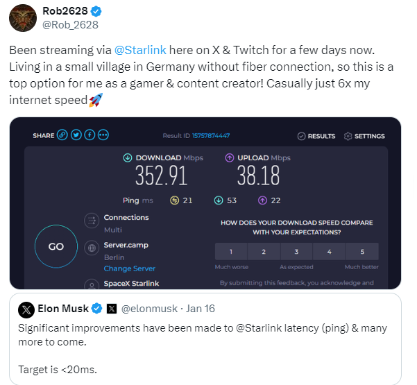 Starlink's LEO satellites can deliver fast speeds and low latency. Source: X