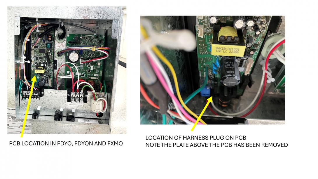 photograph showing location of printed circuit board in FDYQ FDYQN and FXMQ Daikin Indoor Fan Deck Unit Recalled