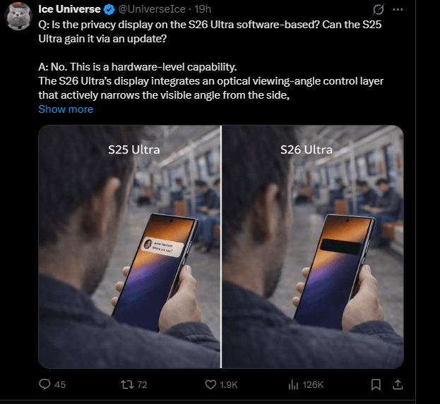 Samsung S26 Ultra Privacy Display to be software driven